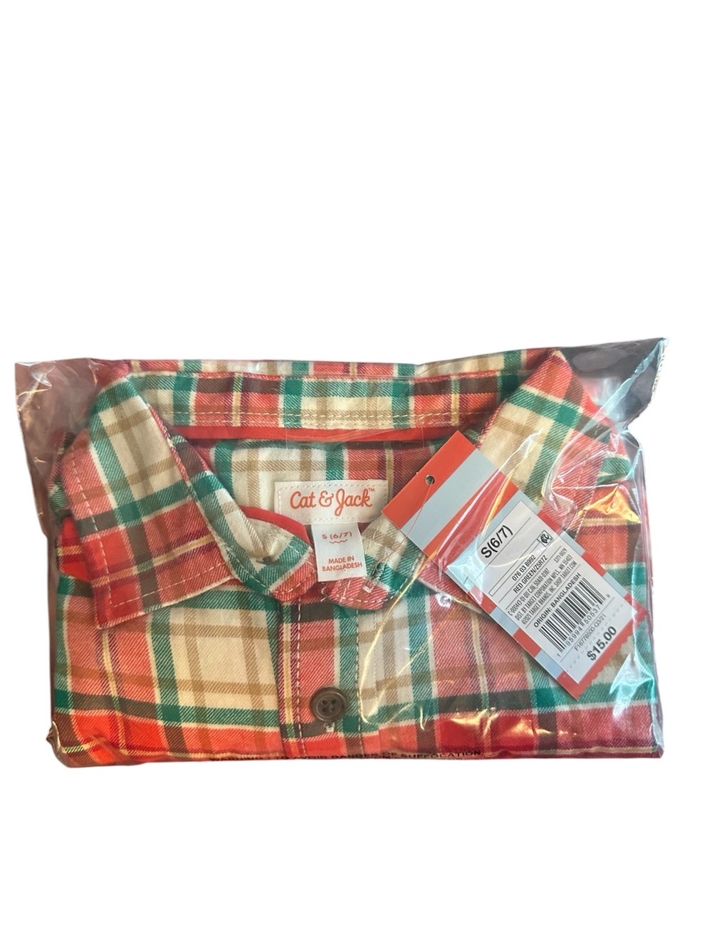 NWT Cat & Jack Red Green Plaid Button-Up Shirt s 6/7
